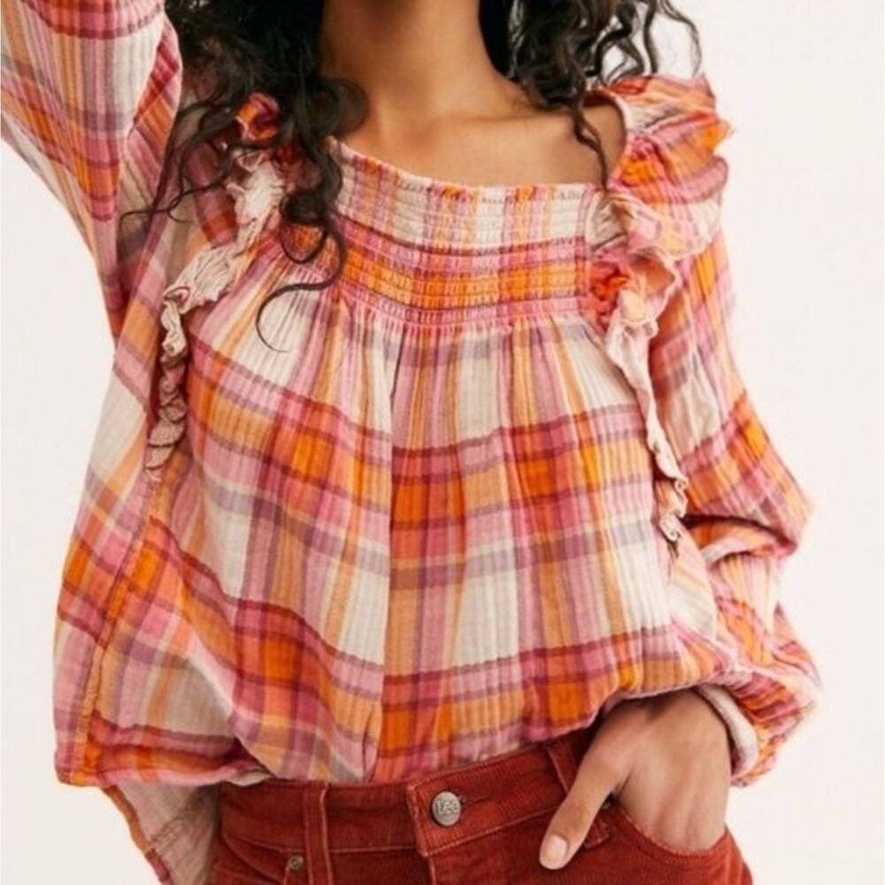 We the Free Siena Blouse Pink Plaid Ruffle Prairie Smocking Open Cotton Size XS